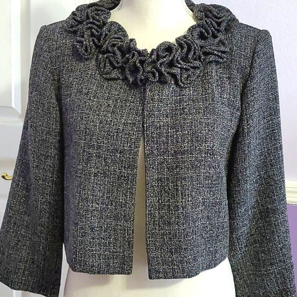 Danny & Nicole Charcoal Lettuce Ruffled Neck Long Sleeve Career Cropped Jacket 8